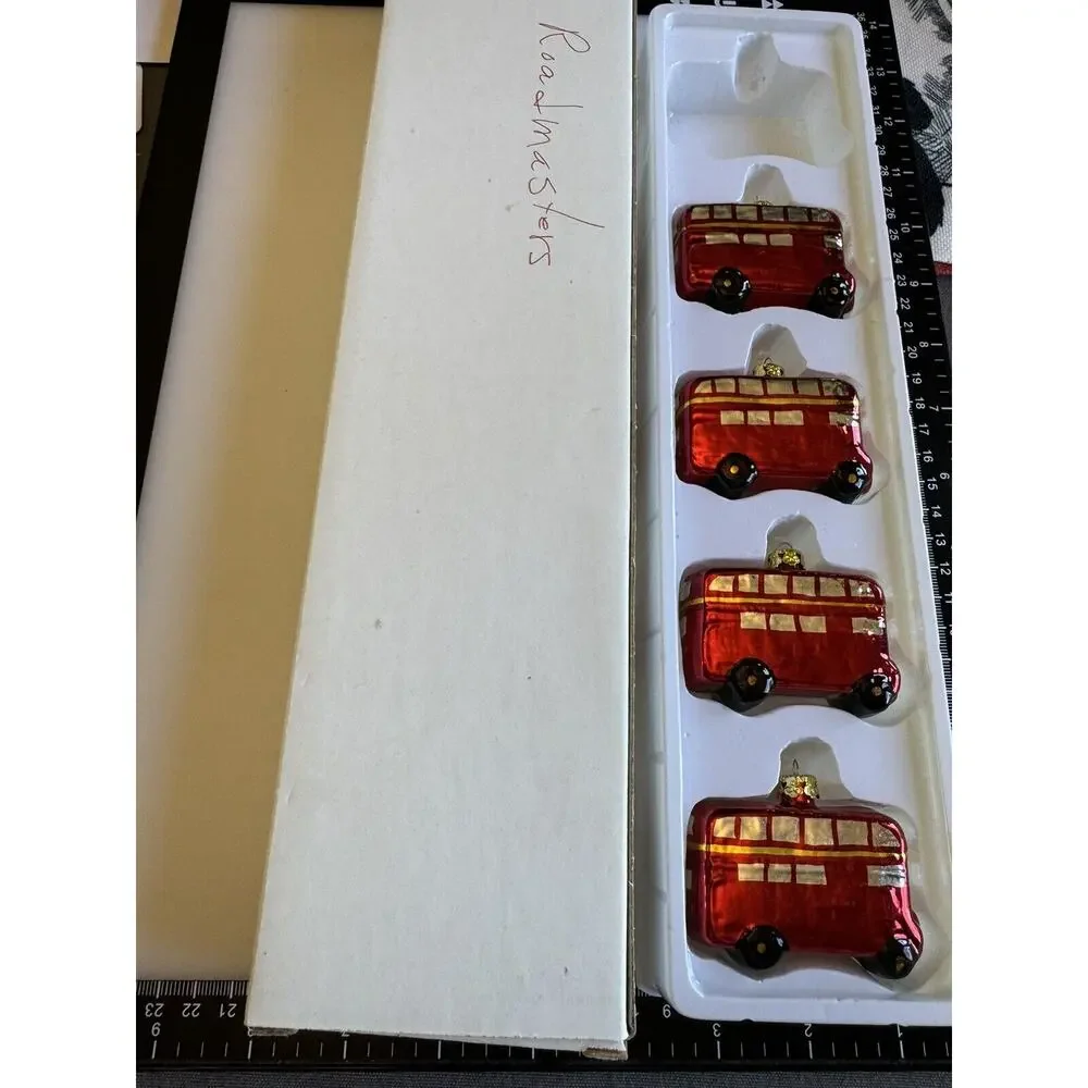 Vintage Blown Glass Red Double Decker Bus Christmas Ornament Roadmasters 4 EUC